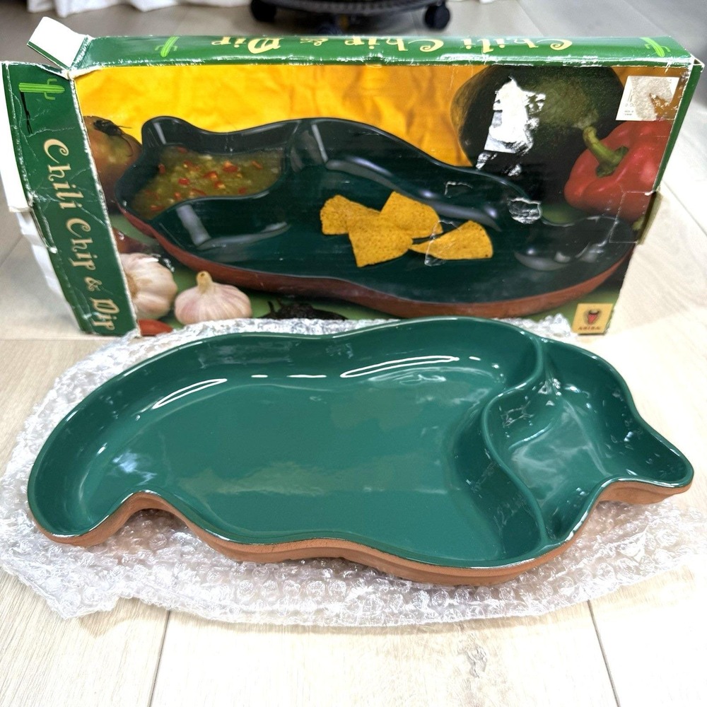 Vintage Ariba Chili Pepper Chip and Dip Tray Terracotta Green Serving Platter